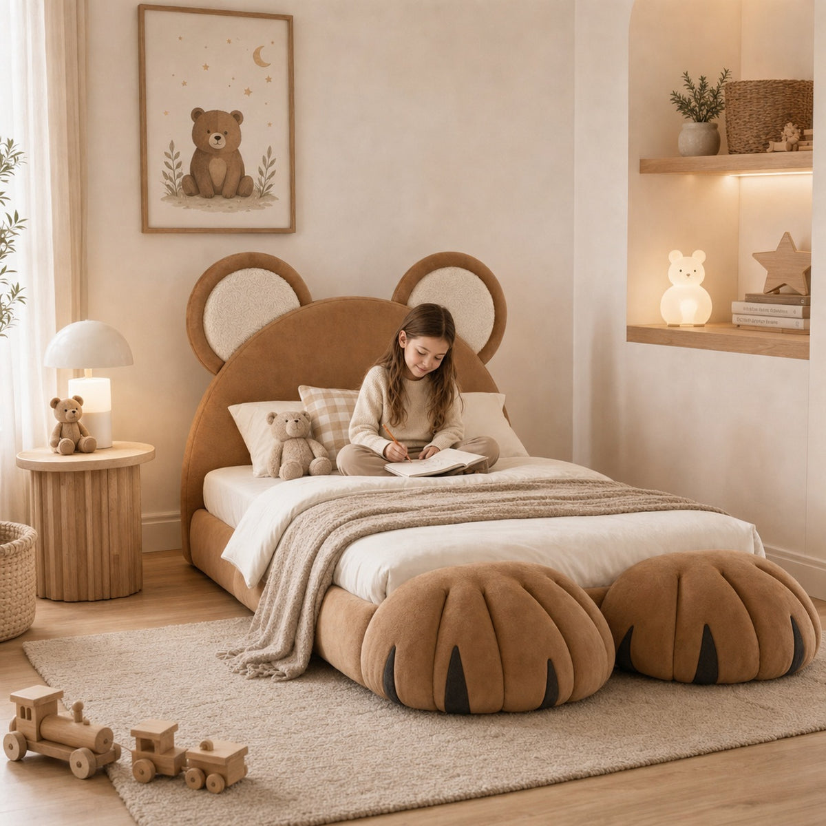 Bear Bed met kind in een warme kinderkamer