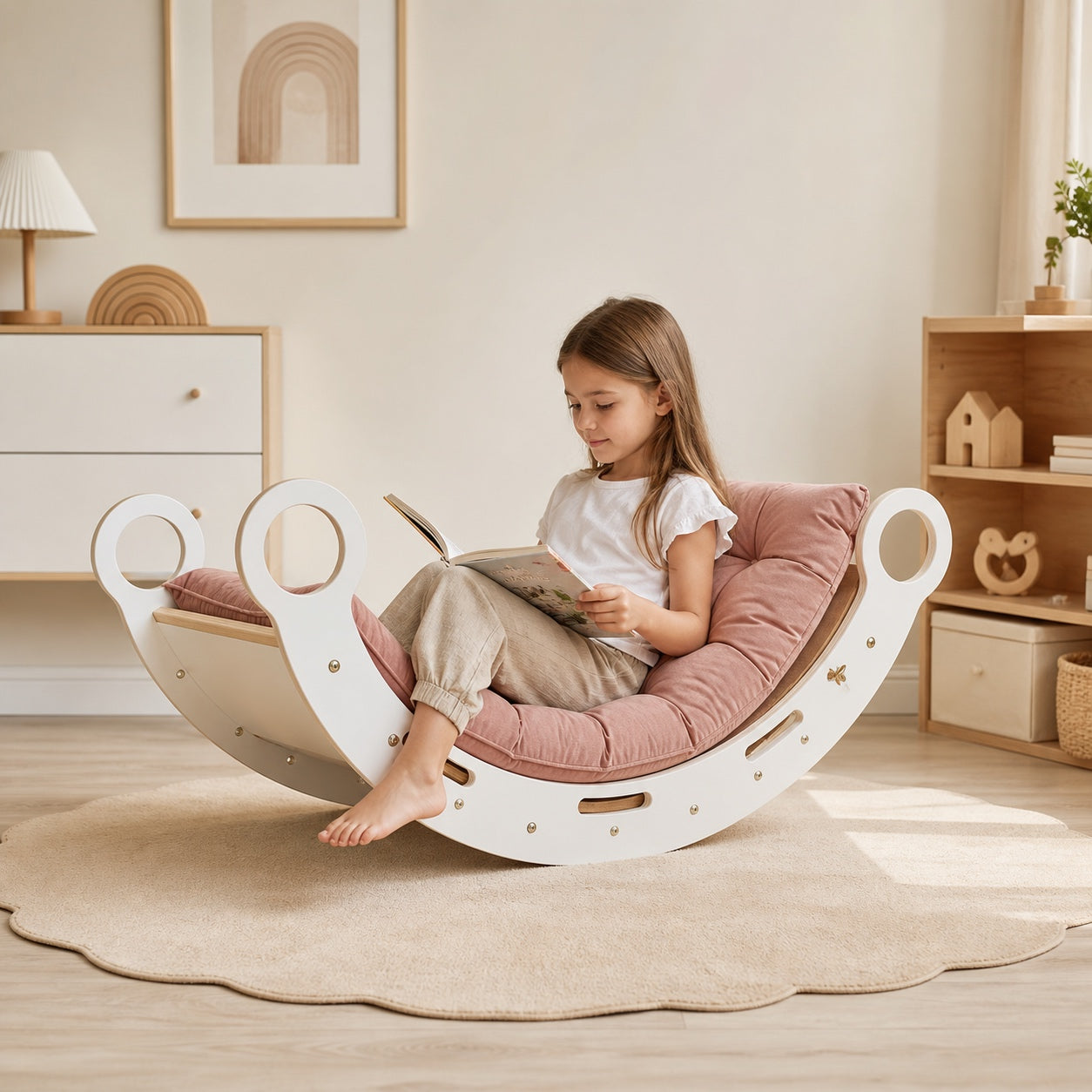 MeowBaby Dream Rocker met lezend kind in rustige kinderkamer
