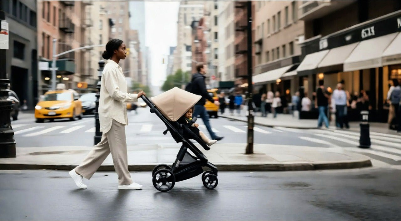 iBebe Stop & Drive kinderwagen beige lifestyle