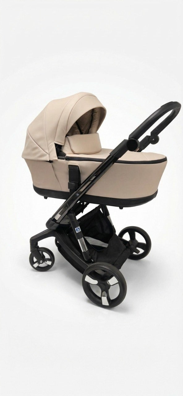 iBebe Stop & Drive kinderwagen beige reiswieg verticaal