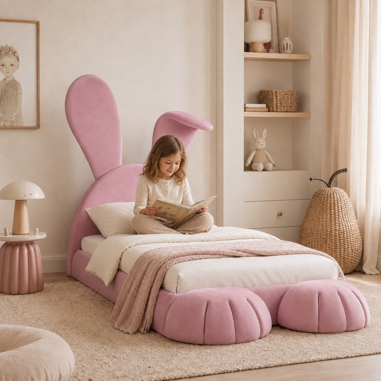 Konijnen Bed Paris Light Pink met kind in rustige Dolce Kids kinderkamer