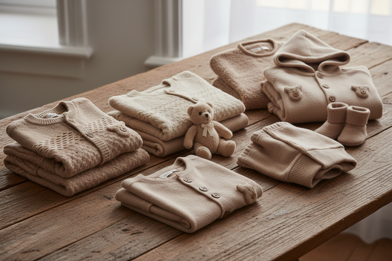 luxury childrens clothes, in beige and brown colours, teddy bear like, neatly arranged on a wooden table