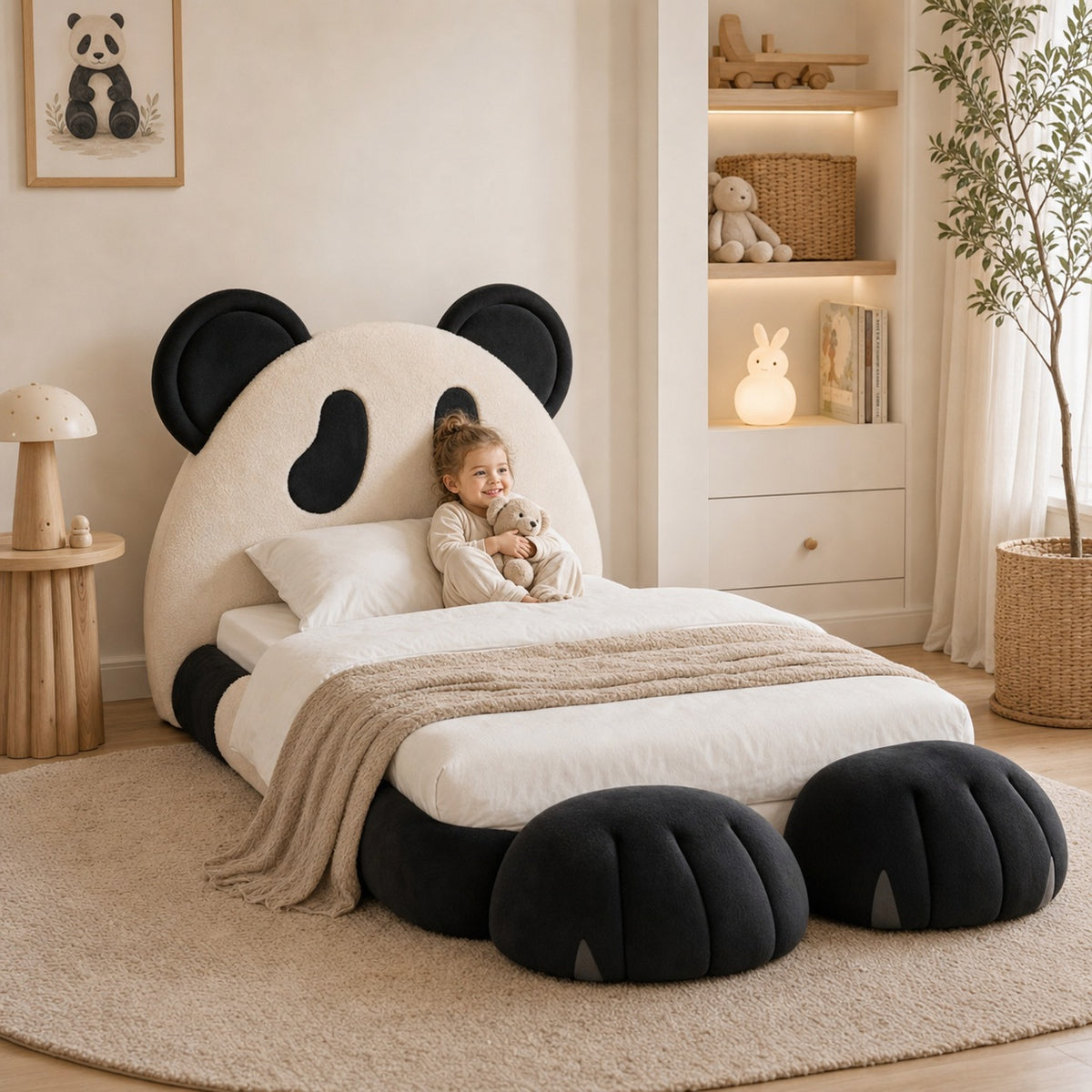 Panda Bed met kind in een rustige kinderkamer